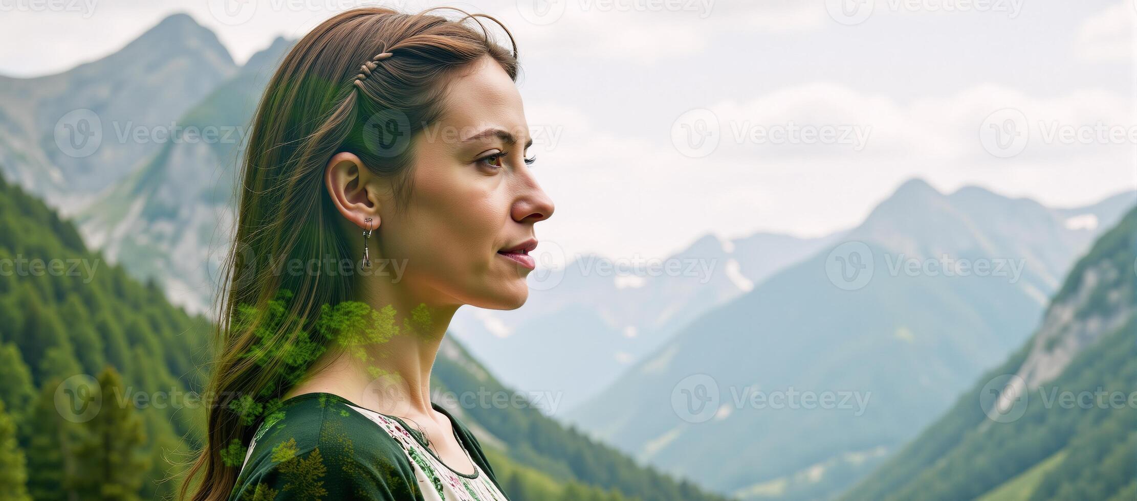 Woman in a doubleexposure portrait set against a verdant forest mountain landscape designed using environmental elements photo