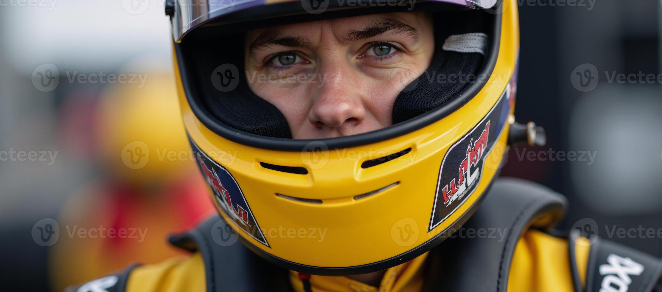 Closeup portrait showcases racing equipment suitedup racer with helmet on ready for action against an isolated background photo