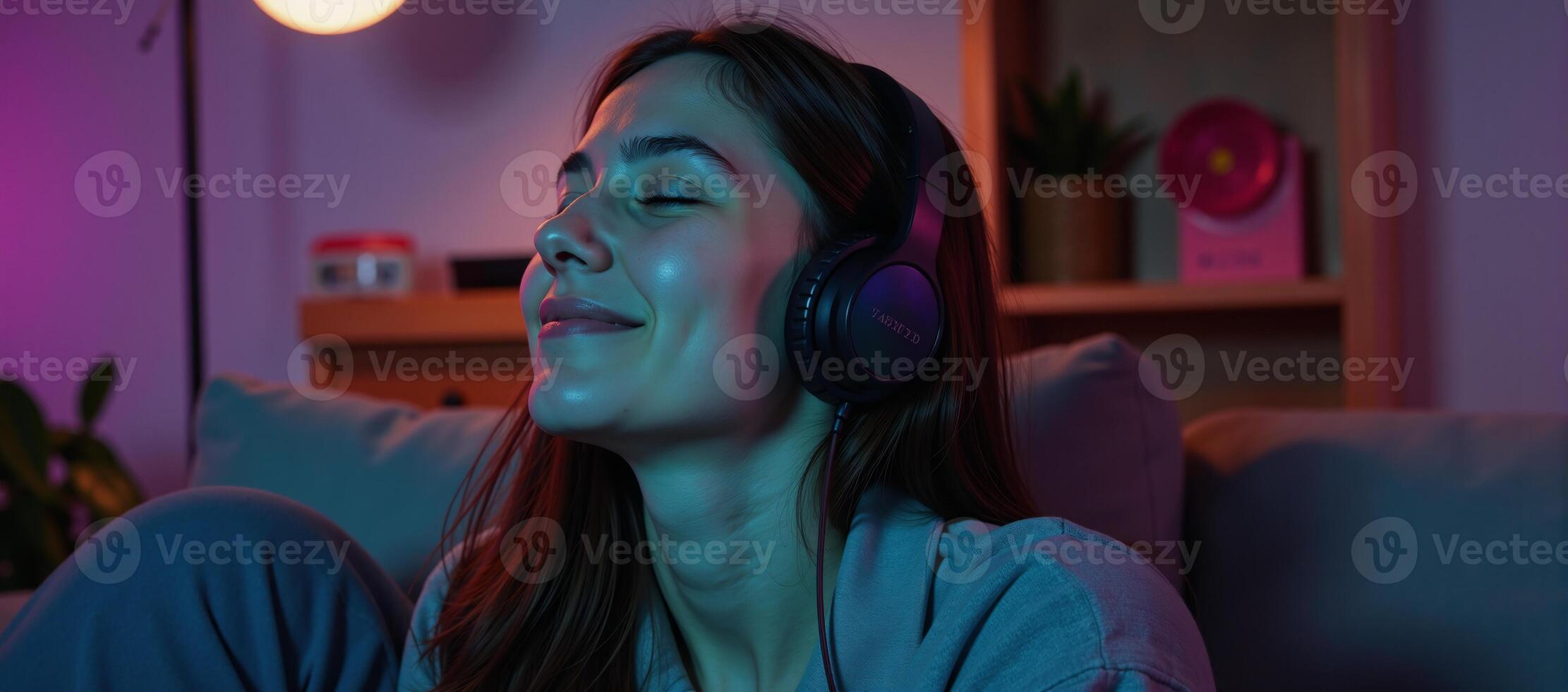 Girl enjoys relaxing with lofi visuals during evening music sessions photo