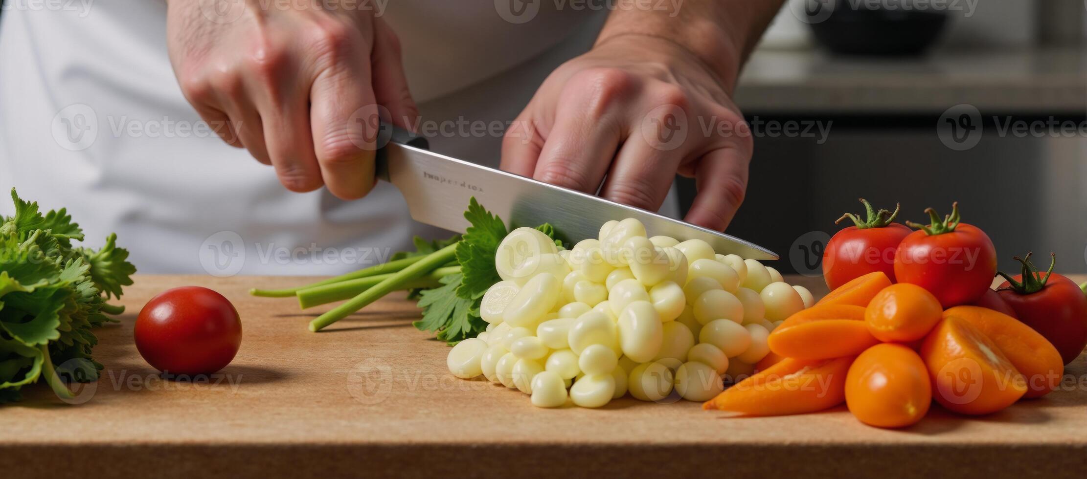 Chef skillfully prepares fresh veggies with precision photo