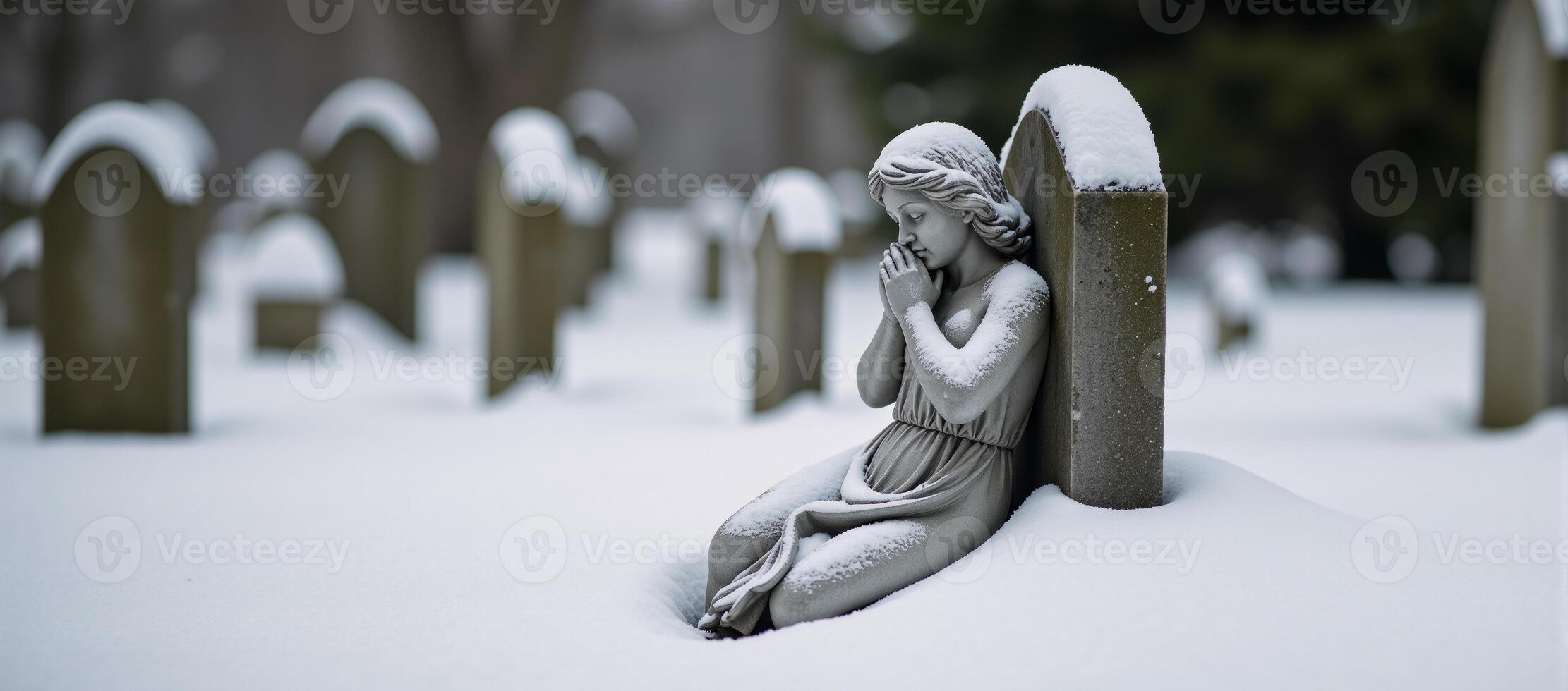 Wintery scene featuring snowcovered angel statue as a poignant representation of sorrow and reminiscence within a cemetery photo