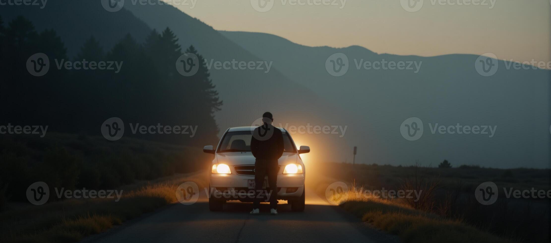 Man backlit by glowing car headlights on abandoned road during foggy night photo