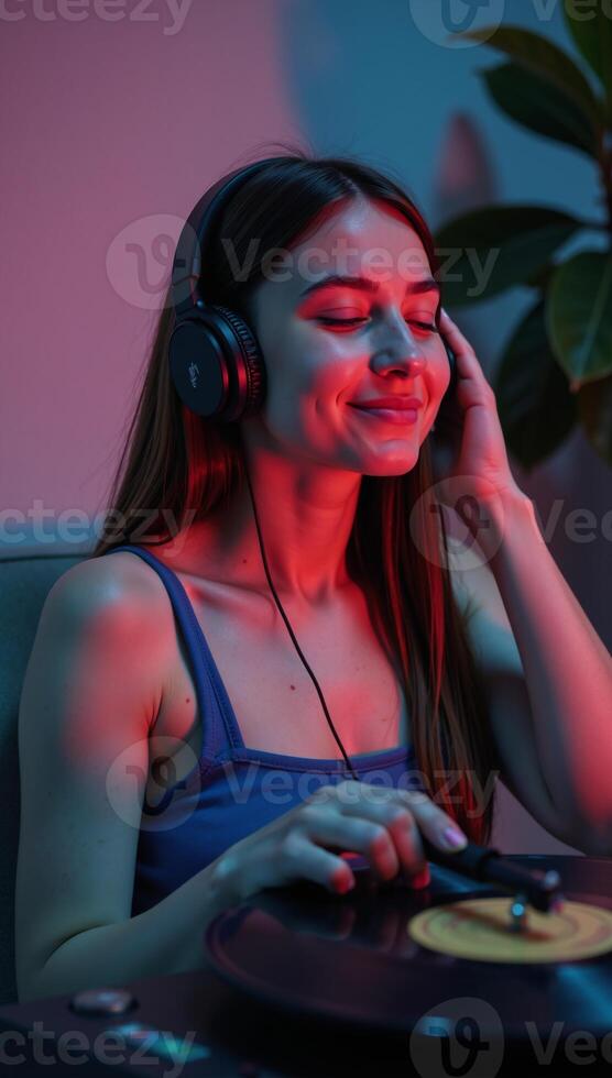 Girl enjoys relaxing with lofi visuals during evening music sessions photo