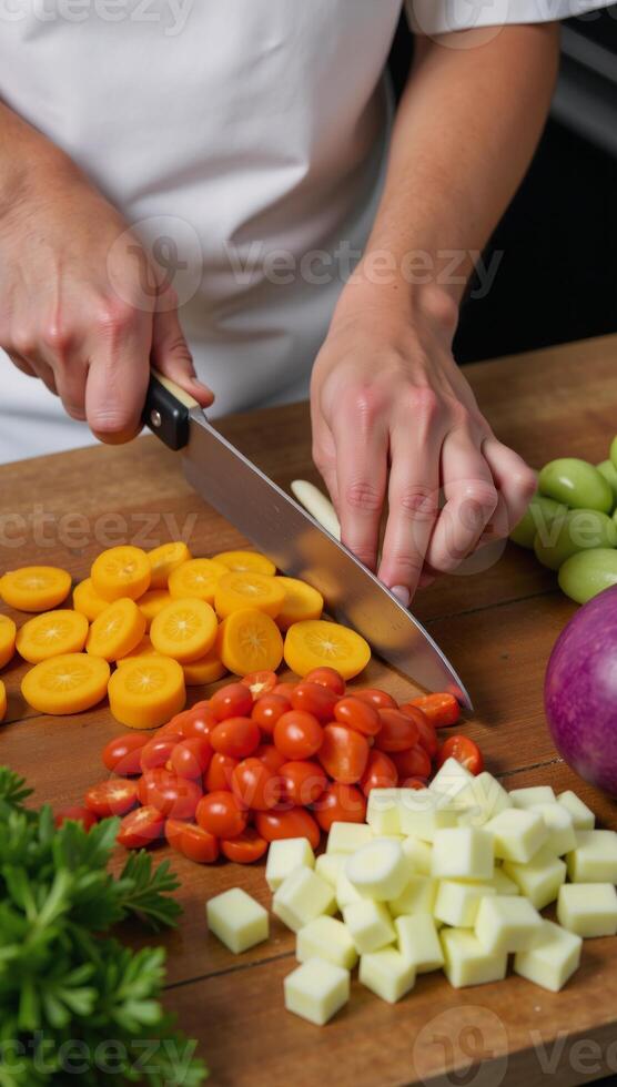 Chef skillfully prepares fresh veggies with precision photo