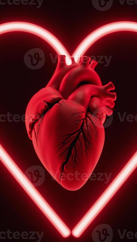 Glowing Red Neon Heart Shape encompassing a broken crackridden human heart representing heartbreak or pain in a 3D render format photo