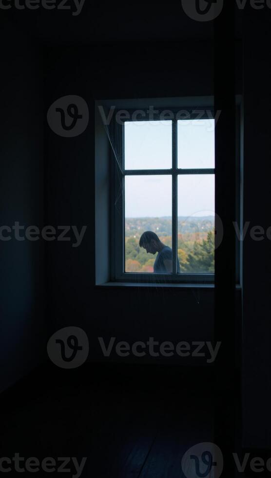 A dimly lit space featuring a large window photo