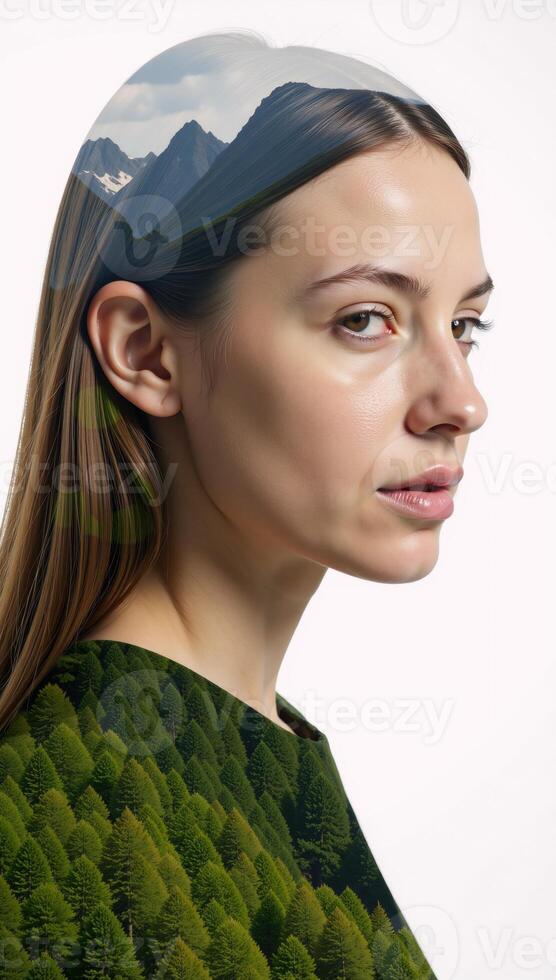 Woman in a doubleexposure portrait set against a verdant forest mountain landscape designed using environmental elements photo