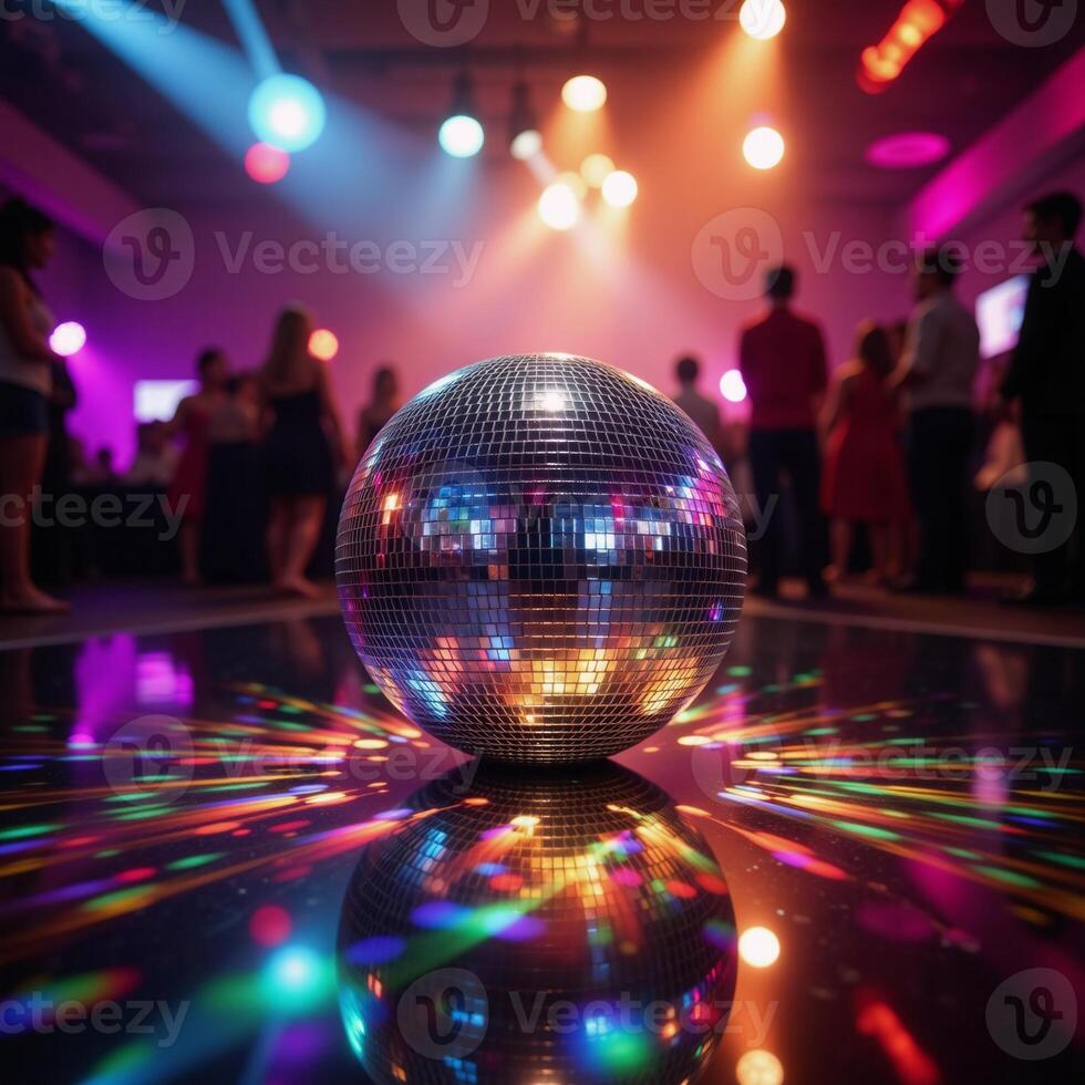 A glittering disco ball reflects party lights music and dancefloor vibes photo