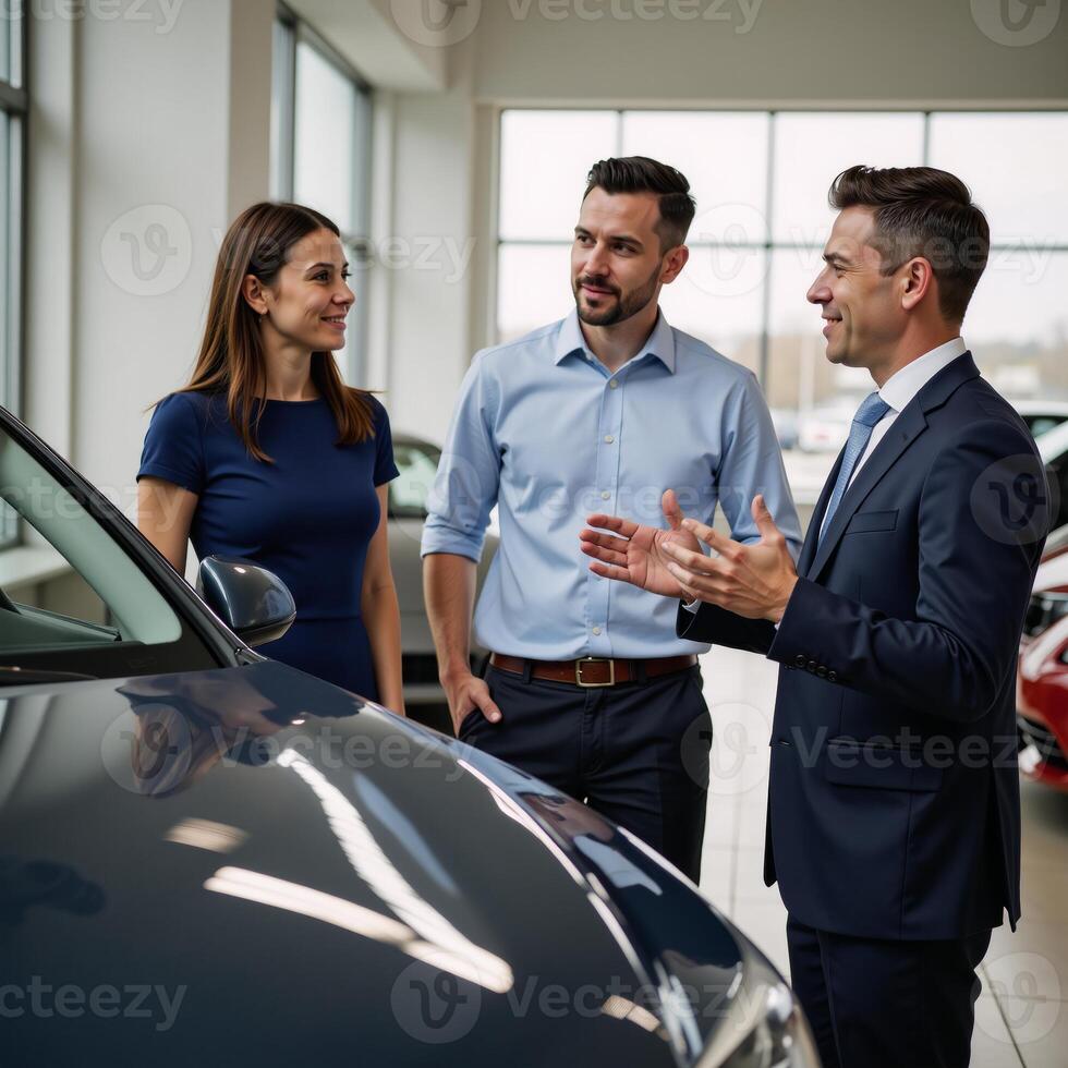Car salesperson discusses vehicle details with interested buyers photo