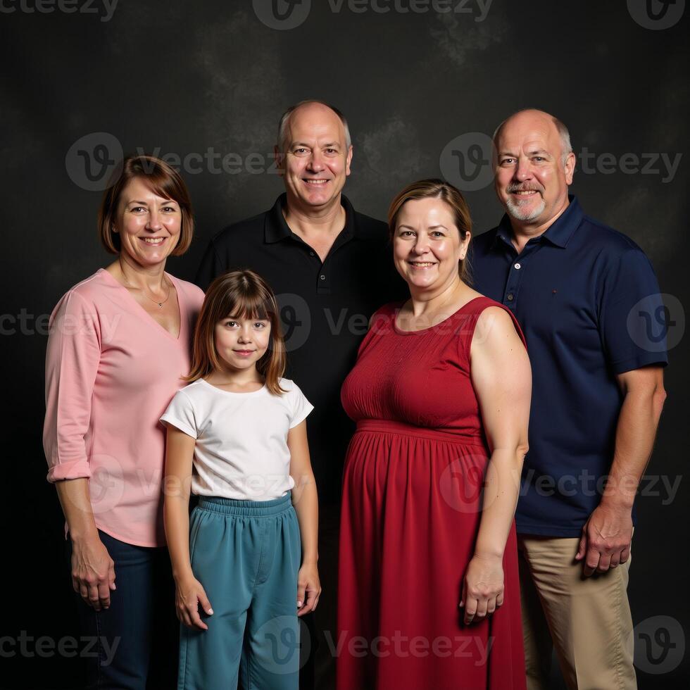 A genealogically themed group portrait showcases multiple generations standing together against a dark abstract backdrop remembering and honoring their ancestors created with photo