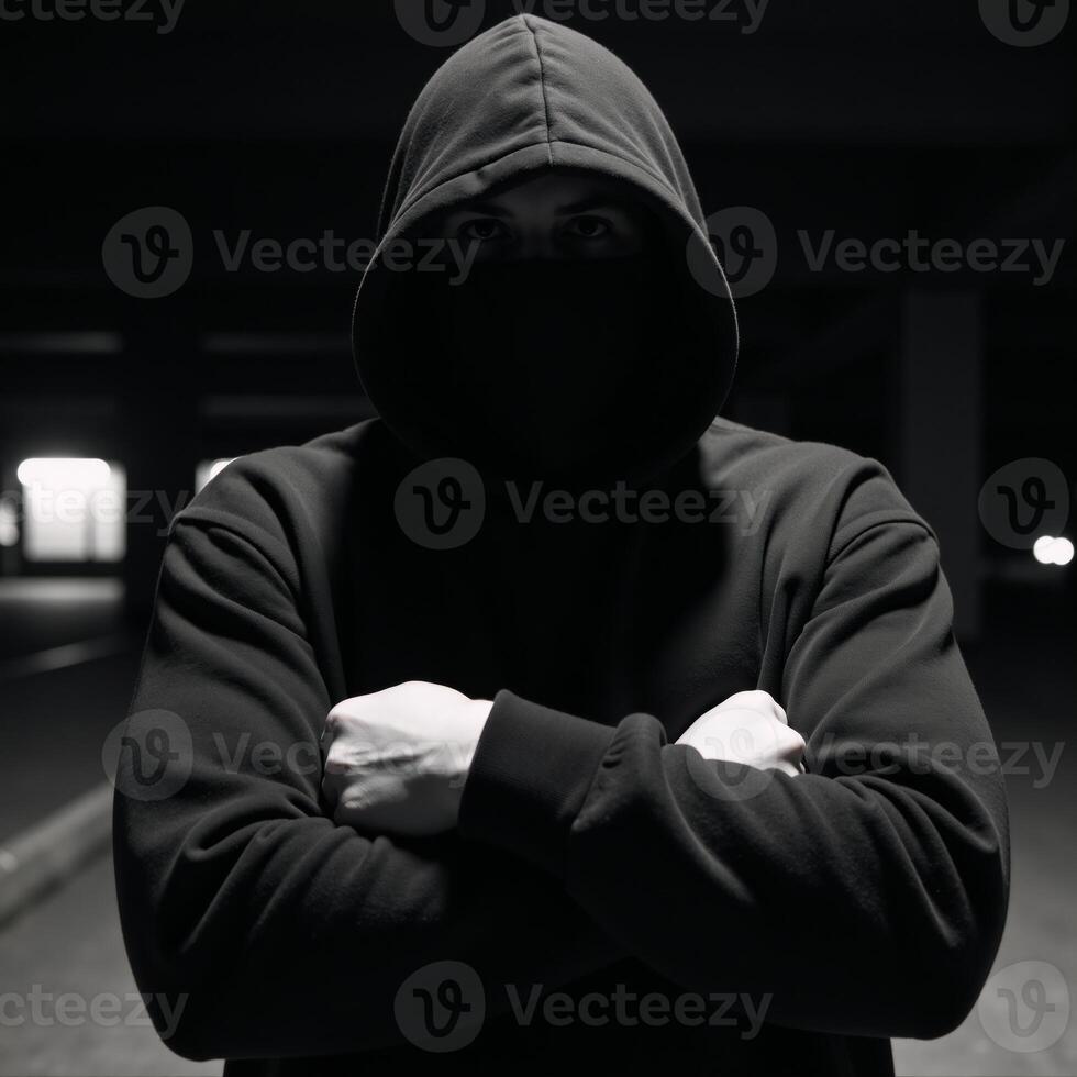 A hooded criminal or hacker is depicted with a dark silhouette in an ominous and faceless portrayal photo