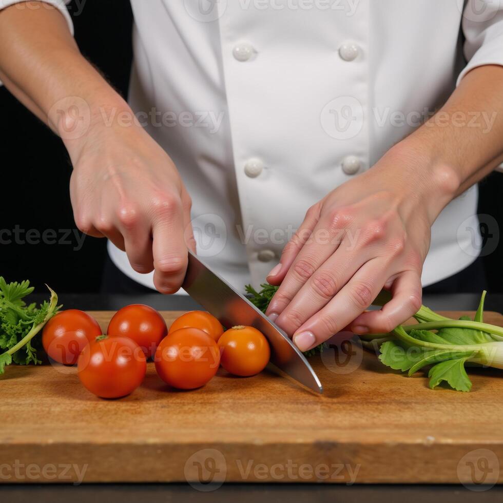 Chef skillfully prepares fresh veggies with precision photo
