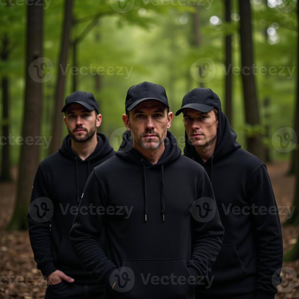 Three cloaked figures stand within a forest photo