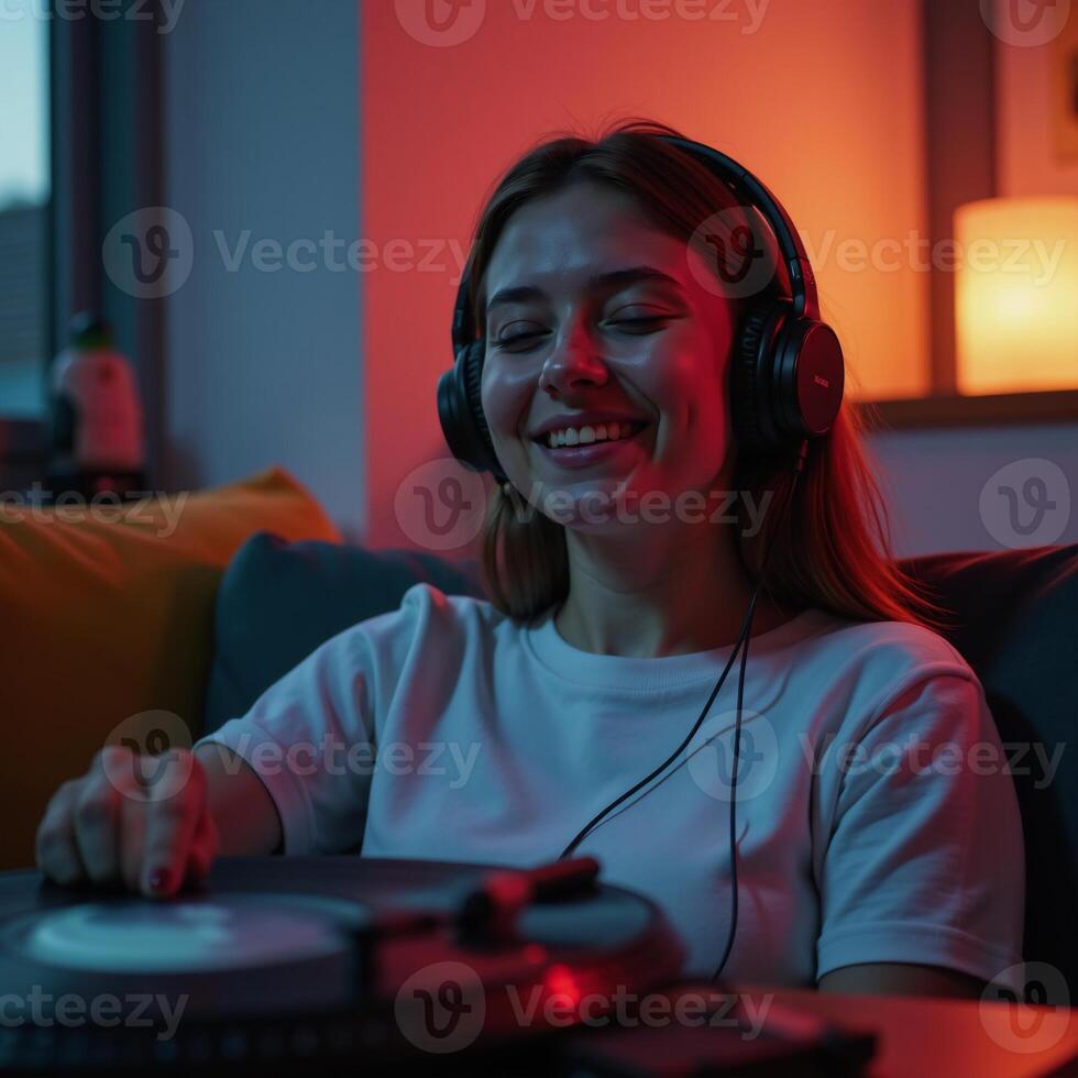 Girl enjoys relaxing with lofi visuals during evening music sessions photo