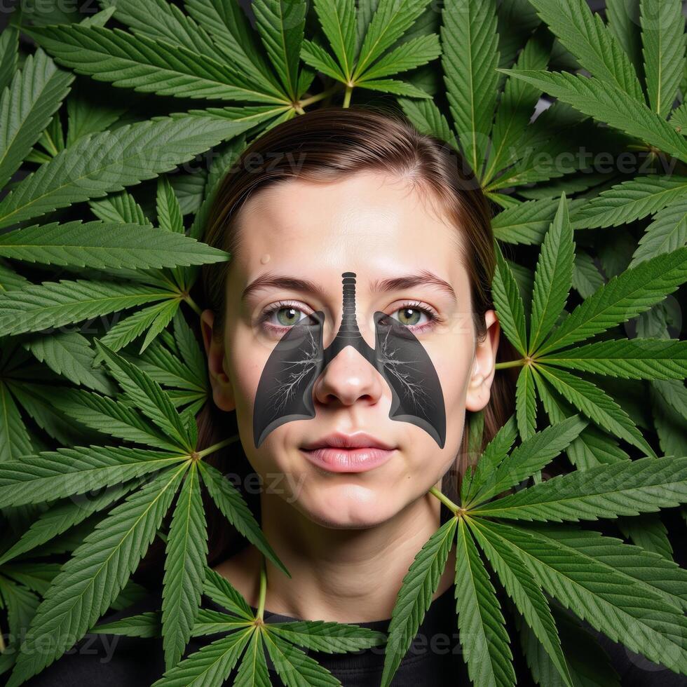 Mental illustration highlights health hazards like anaphylaxis and lung disease from marijuana smoking while showcasing its impact on cognitive functions photo