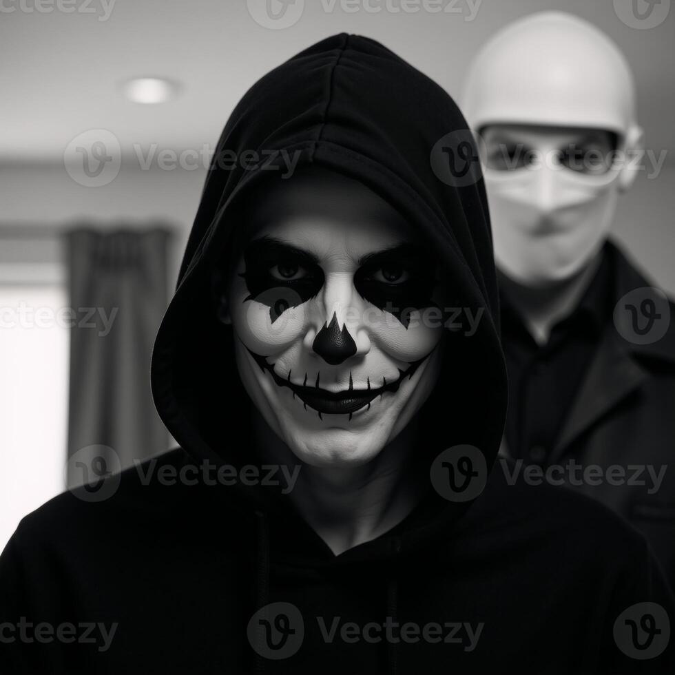 A Halloweeninspired image features a darkened setting with a hooded dangerous criminal lurking menacingly photo