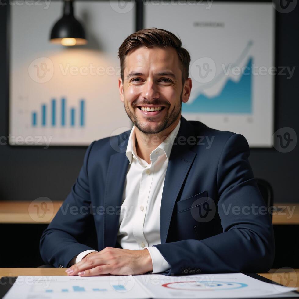 A contented financial analyst surrounded by growth charts photo