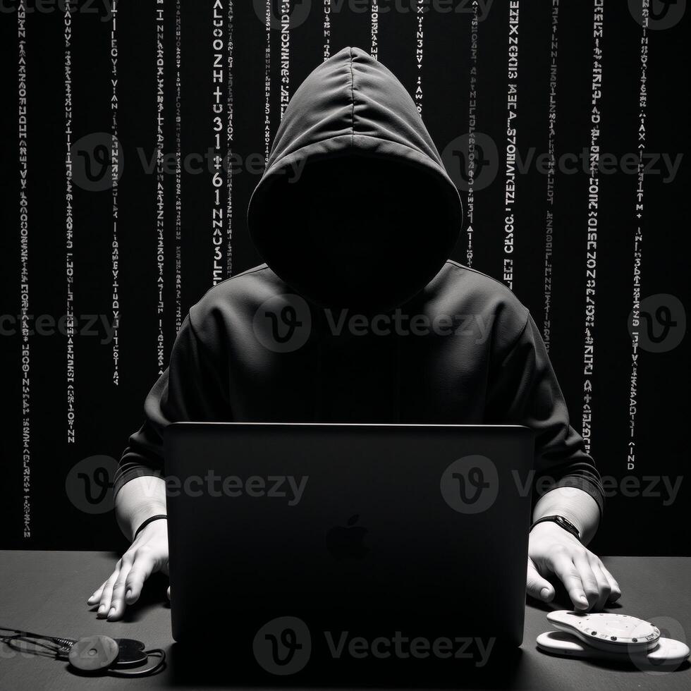 Image portrays a Matrixinspired hackers silhouette wearing a hoodie with distinctive patterns photo
