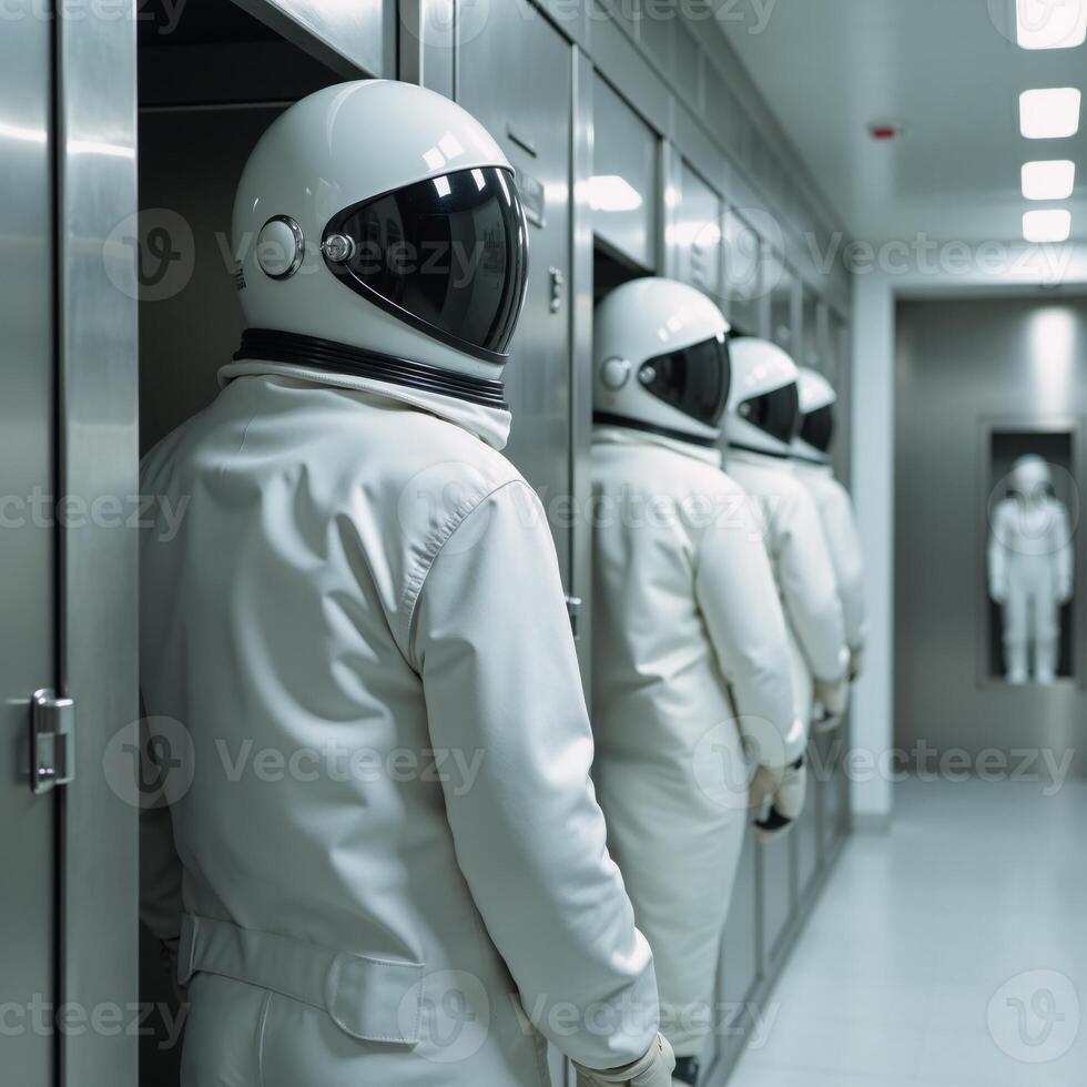 Futuristic spaceship hallways showcase rows of suspended white spacesuits in lockers photo