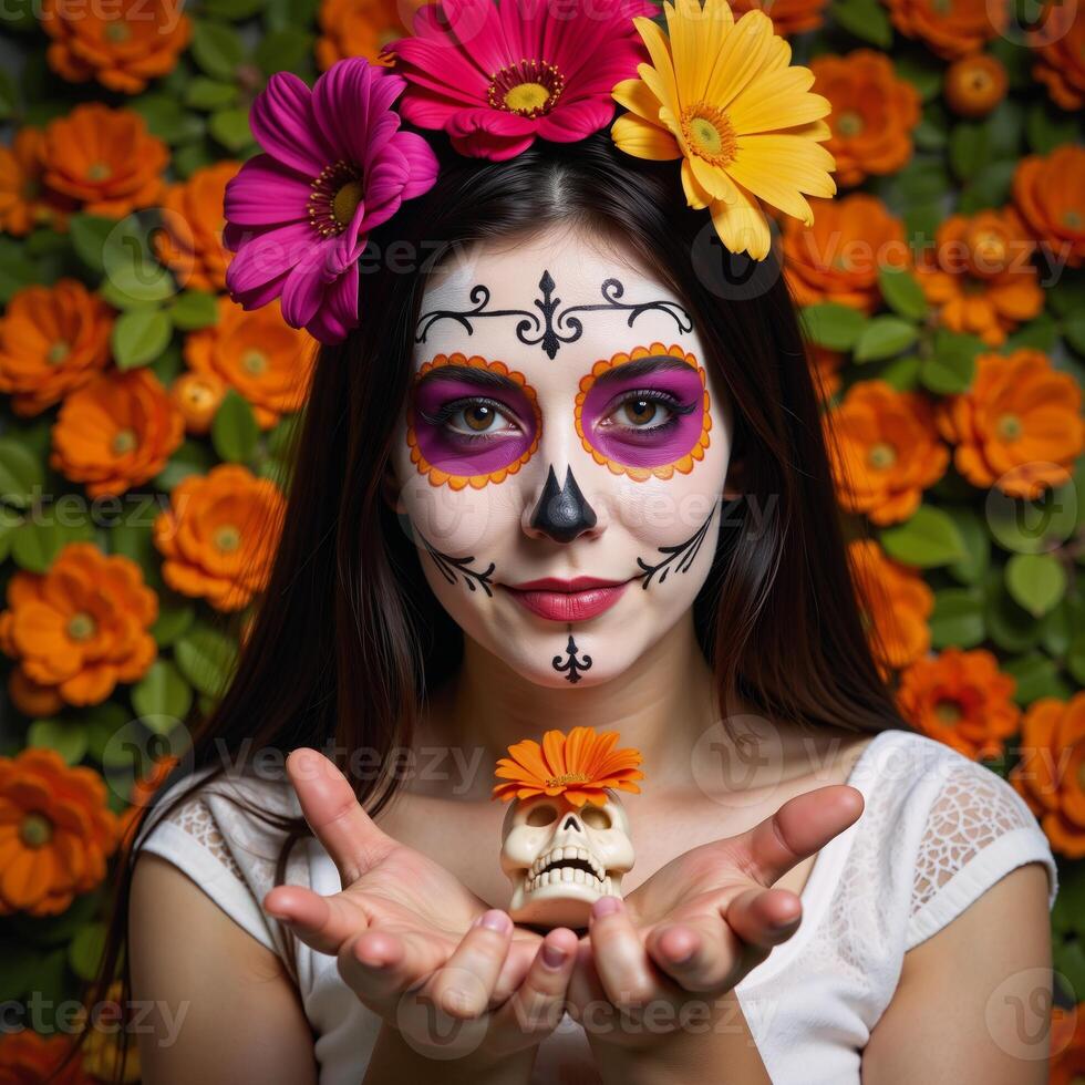 A photorealistic portrait showcases a Day of the Deadinspired Mexican woman surrounded by flowers and a skull photo