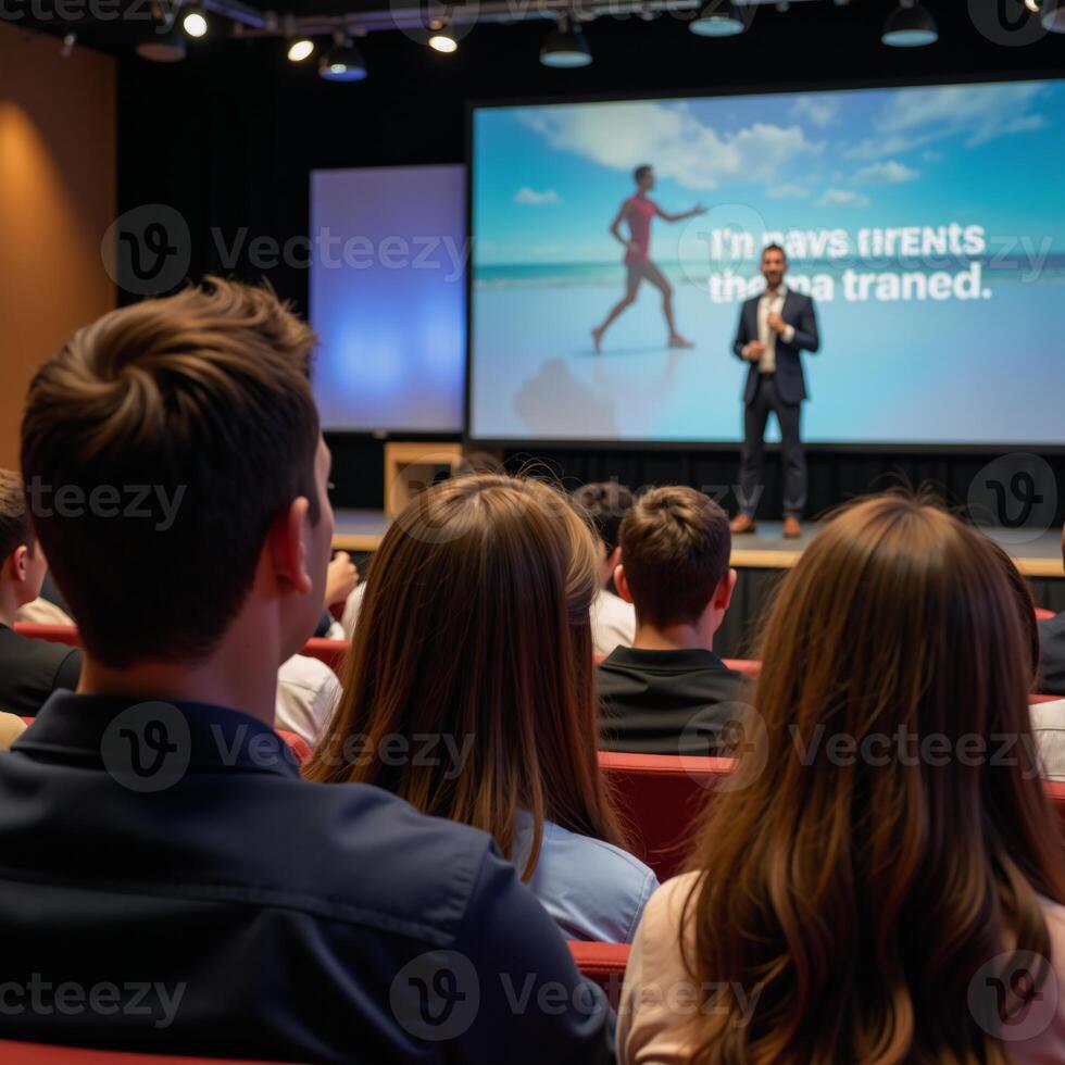 Motivational speech at a conference event featuring an inspiring leader and vivid imagery photo