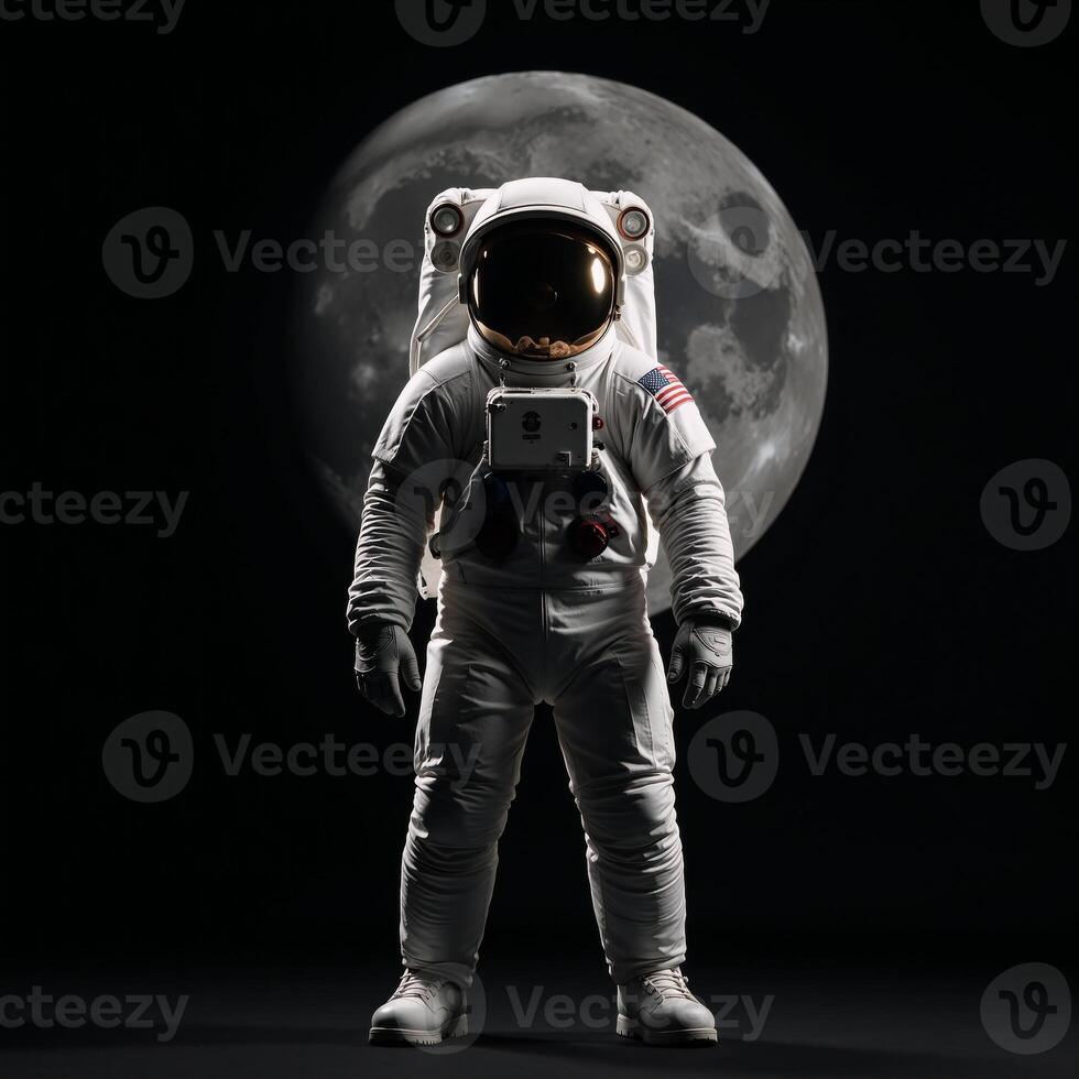 Astronaut figure framed by blackness with a crescent moons glow illuminating the scene photo