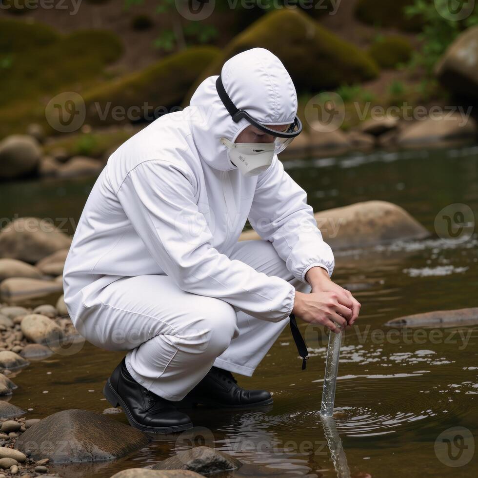 Biologist collecting water samples from riverbank in white protective suit and mask photo