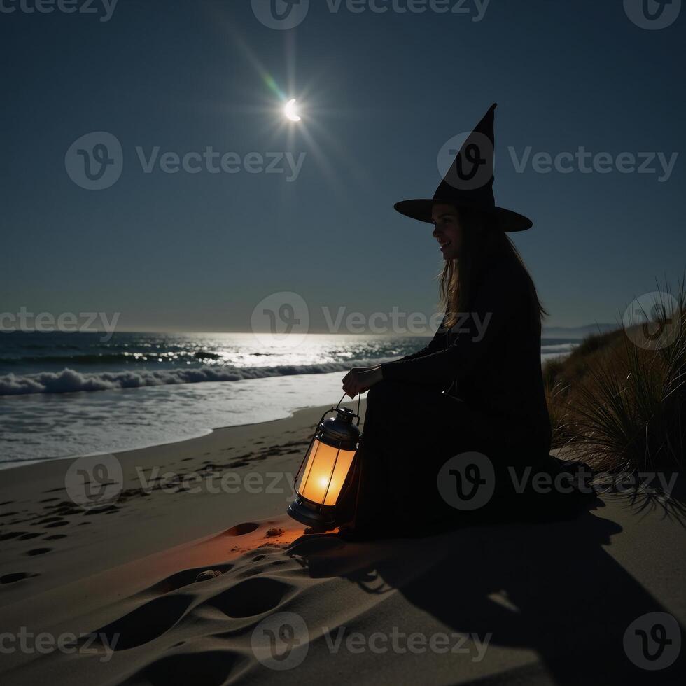 Minimalist Halloween witch portrait on the beach highlighting mystery during spooky season photo
