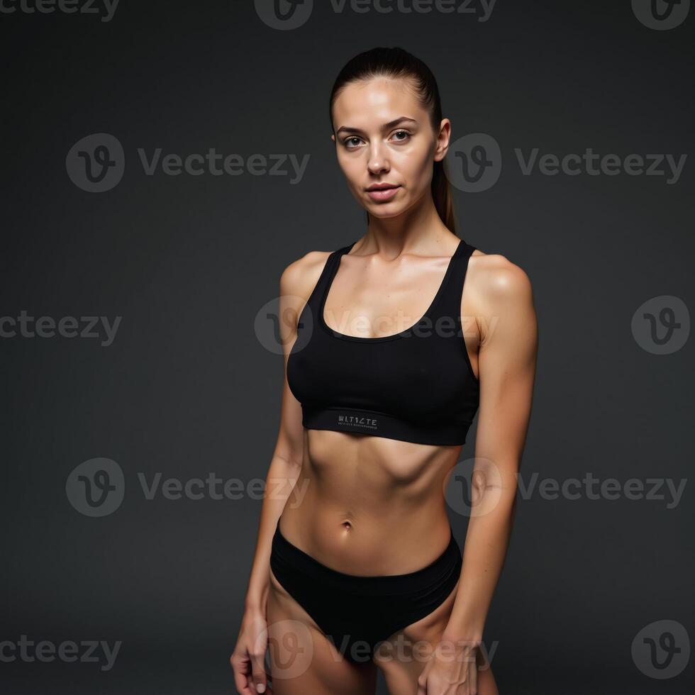 Closeup portrait of toned female figure wearing black sports gear on a grey backdrop photo