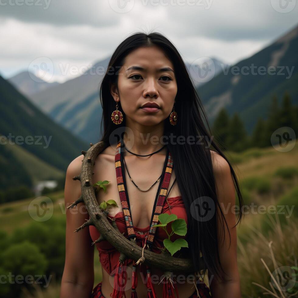 Person depicted within natural environment alongside ancestral figures photo