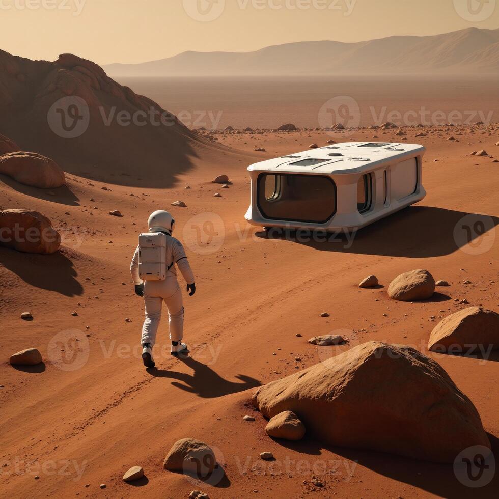 Astronaut traverses Martian landscape towards habitat illustrated scene photo