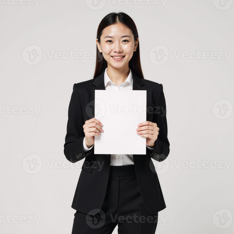A young Asian businesswoman is depicted holding a document against a white background in a 3D illustrated style photo