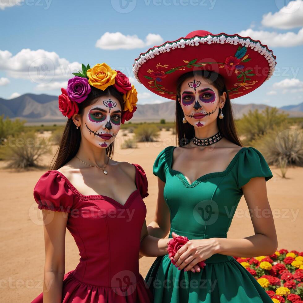 Dia de los Muertos depiction of two catrinas with sugar skull makeup in a barren Mexican desert landscape photo