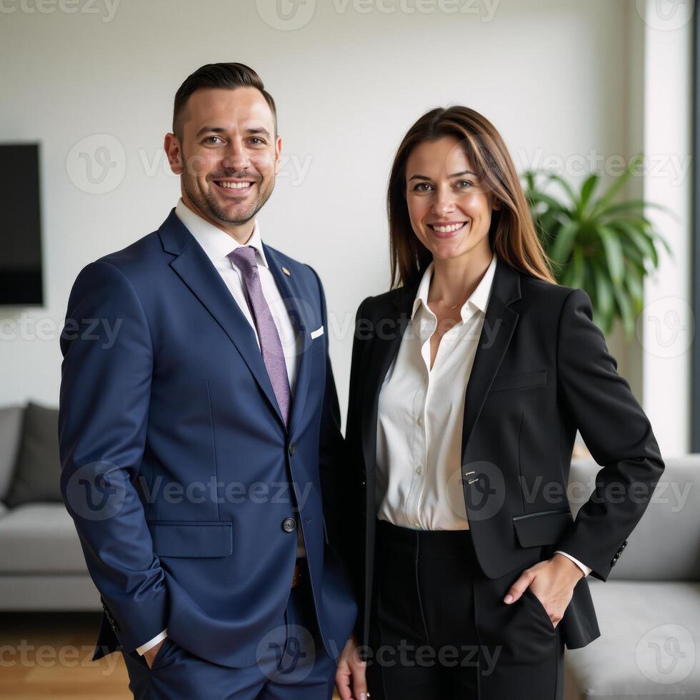 A diverse duo of smiling businesspeople pose together indoors photo