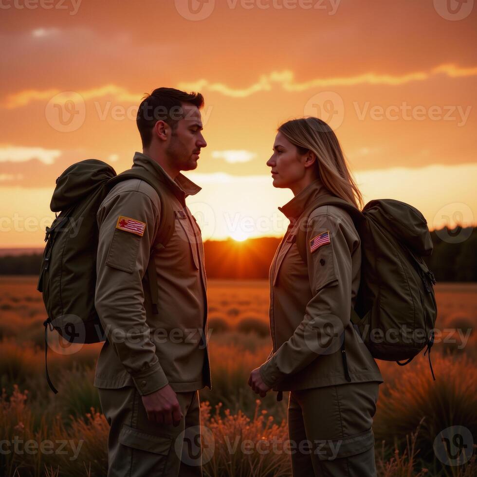 Two soldier companions are depicted in natural setting at sunset both carrying backpacks photo