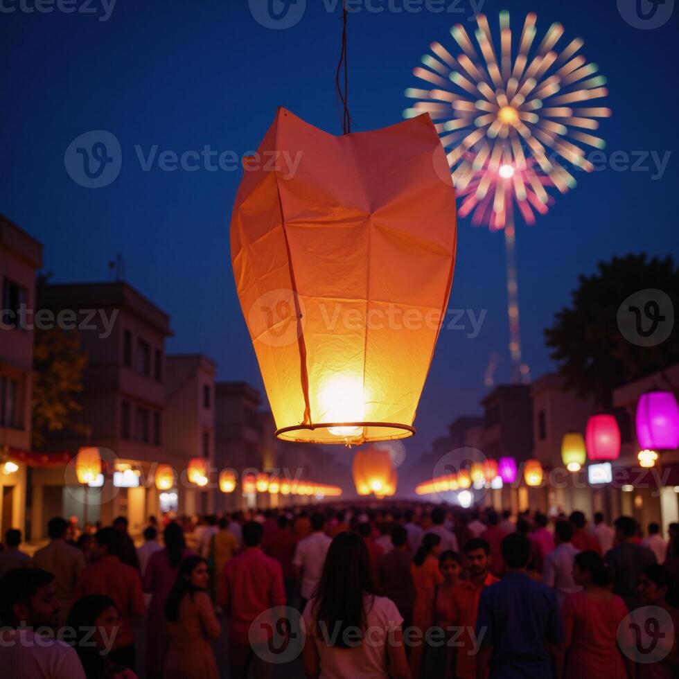 Celebrating Diwali An image showcases an illuminated paper lantern against an evening sky during the Indian Festival of Fire Lights photo