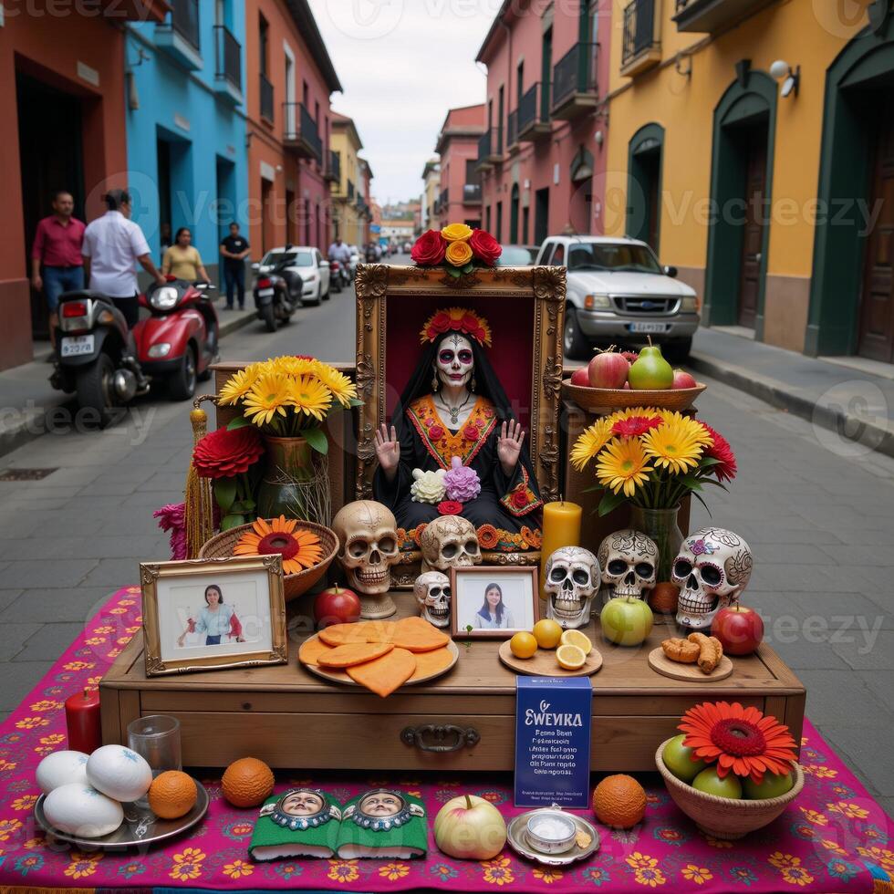 La Santisima Muerte altar within a bustling Mexican city street photo