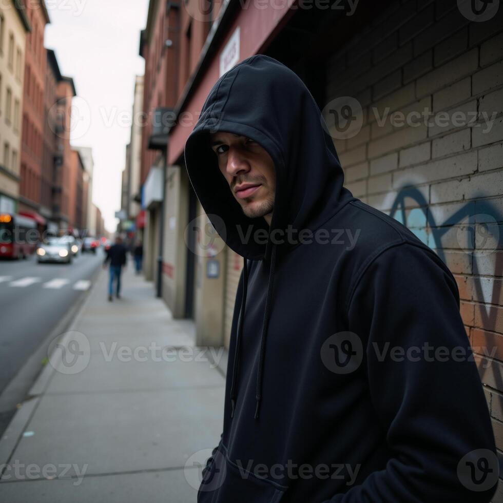Hooded criminal lurks menacingly on city street during daylight hours Urban crime scene with fear and suspicion photo