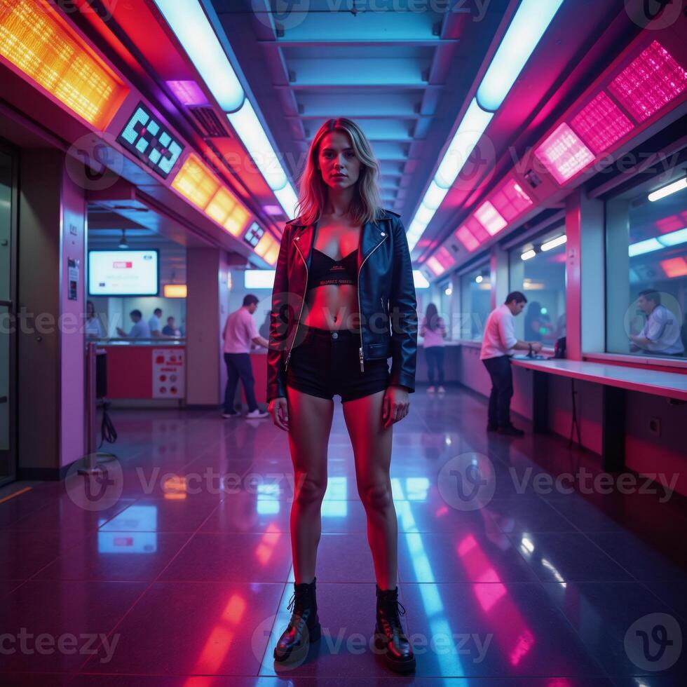 Cyberpunk neonlit electronic disco scene as backdrop for image composition photo