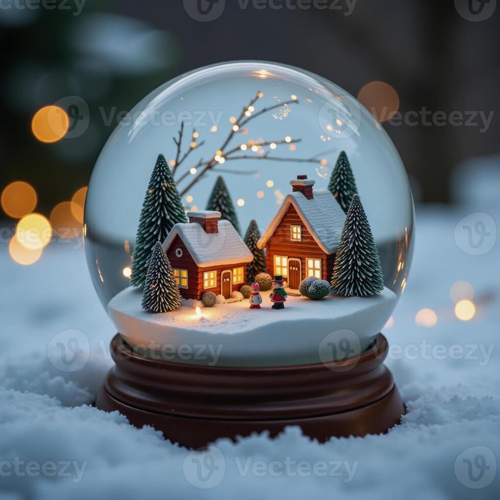 Miniature winter wonderland in a frosted snowglobe with twinkling lights photo