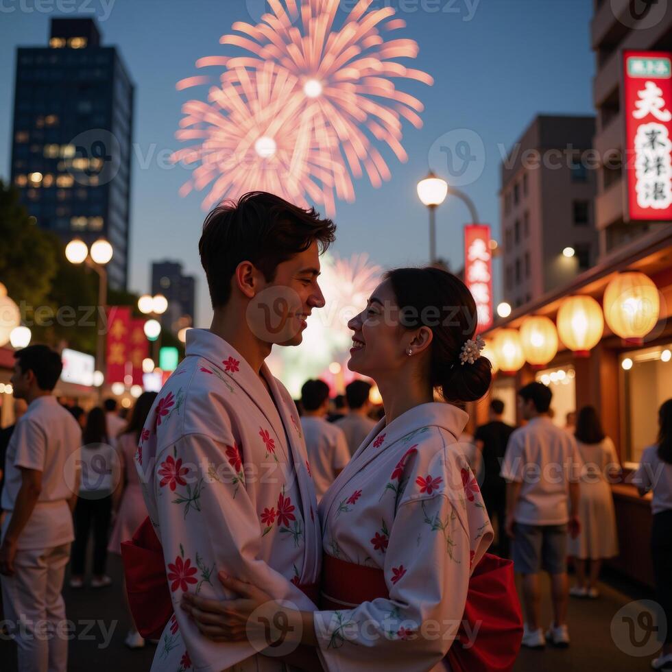 A romantic Japanese couple basks in fireworklit summer nights during a festive evening in Tokyo while dressed in traditional yukatas photo