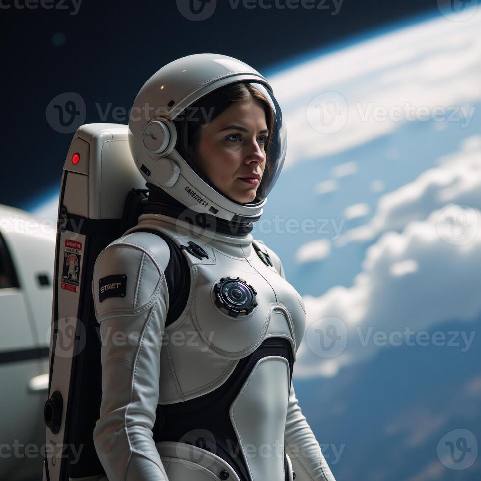 A futuristic astronaut woman is depicted against a backdrop of a sleek spaceship photo