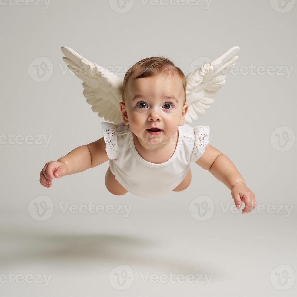 A Victorianstyle baby angel is depicted as if floating serenely against an empty backdrop photo