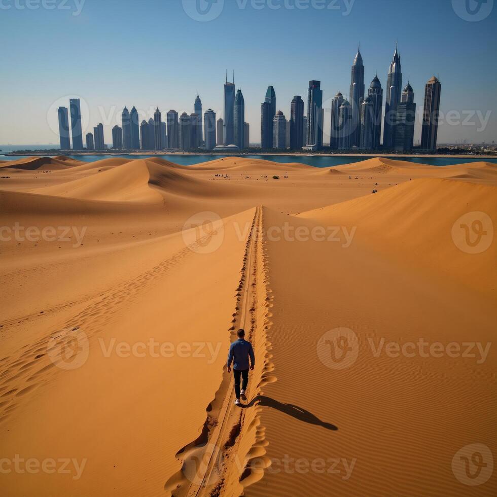 A birdseye perspective showcases a lone figure traversing sandy dunes towards the iconic Dubai skyline backdrop in the United Arab Emirates photo