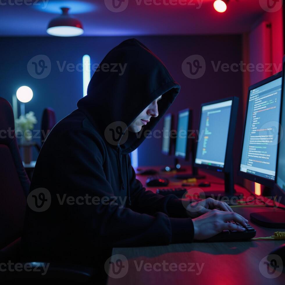 A hooded hacker engages in criminal activities surrounded by multiple screens and dim lighting photo
