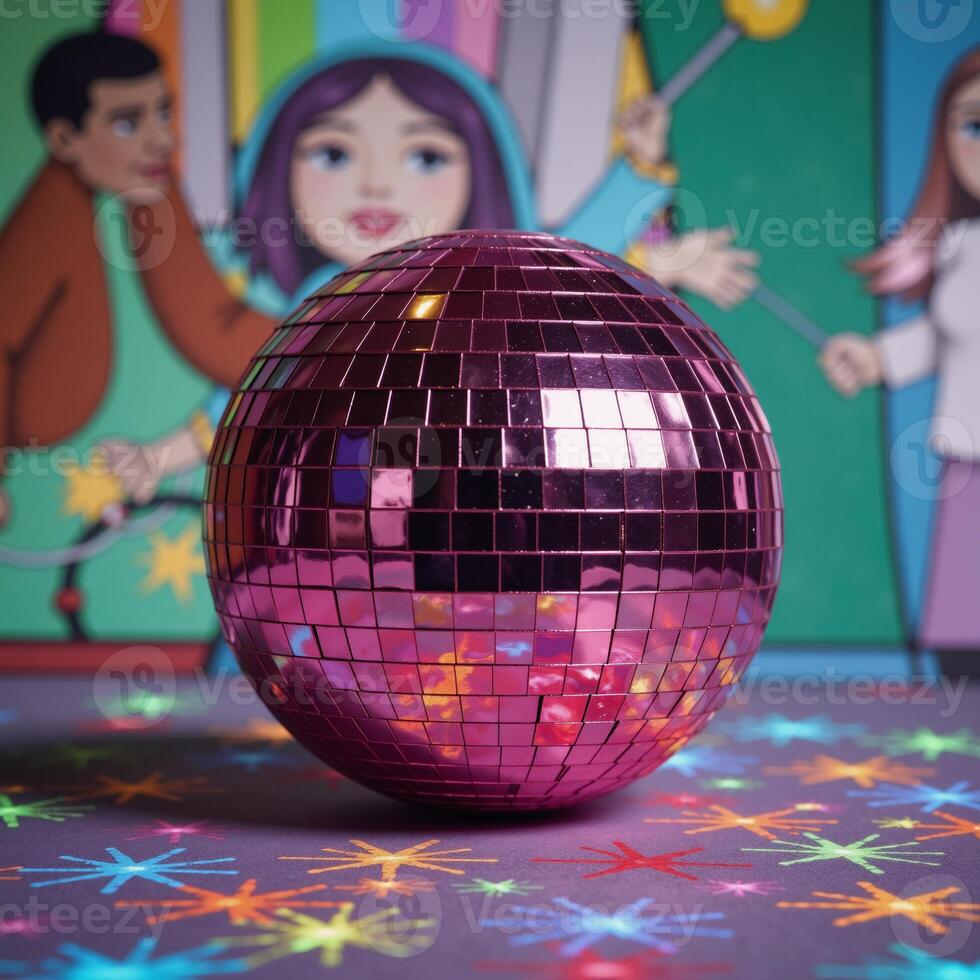 Pink disco ball adorned with colorful squares amidst sparkling confetti on an illustrated backdrop photo