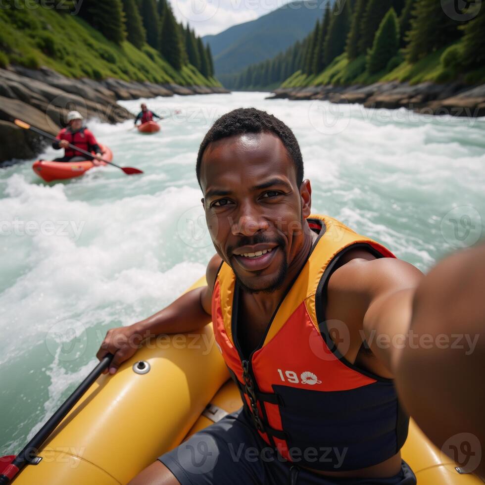 An African American man takes an exhilarating closeup selfie during whitewater river rafting while paddling a canoe or kayak in the extreme sport setting photo