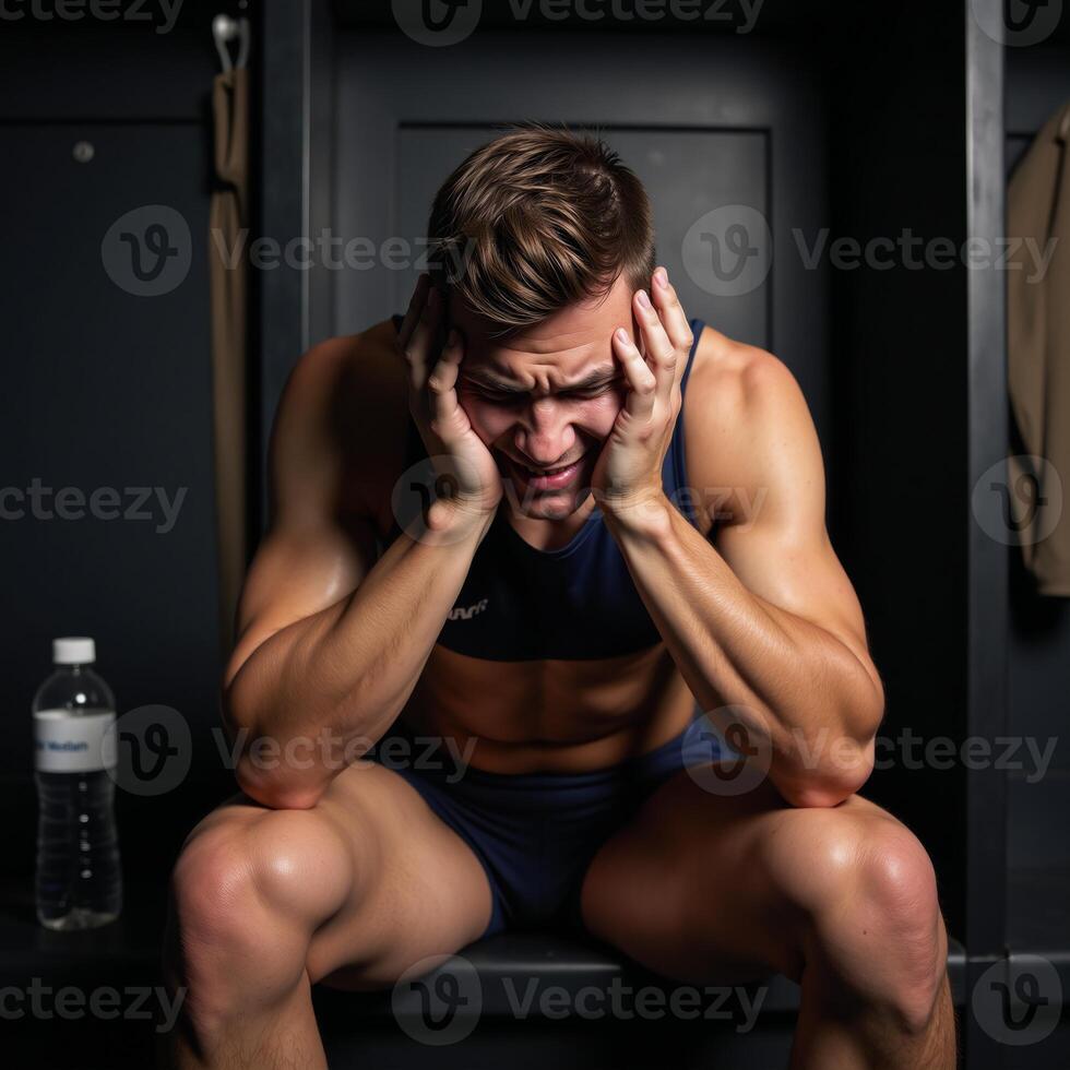 A concussed athlete visibly distressed in a locker room scene photo