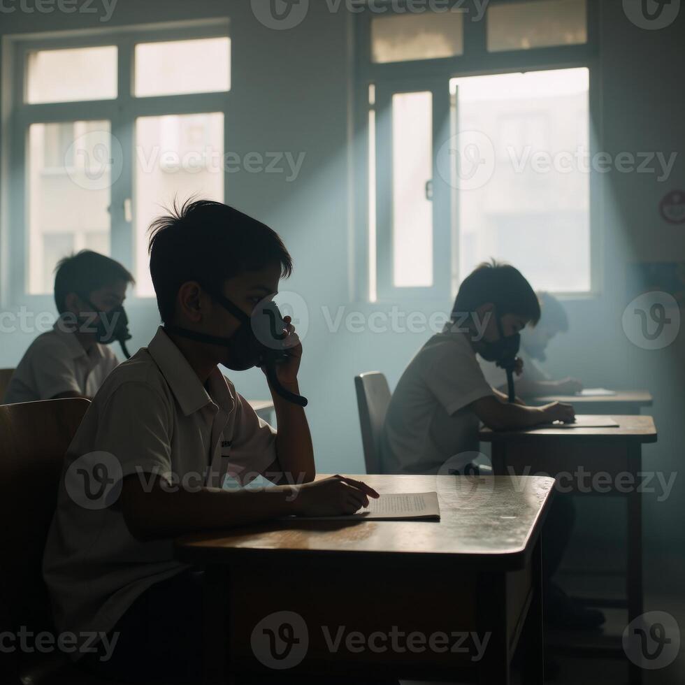 Illustration depicting future air pollution in India with kids at school donning oxygen masks photo
