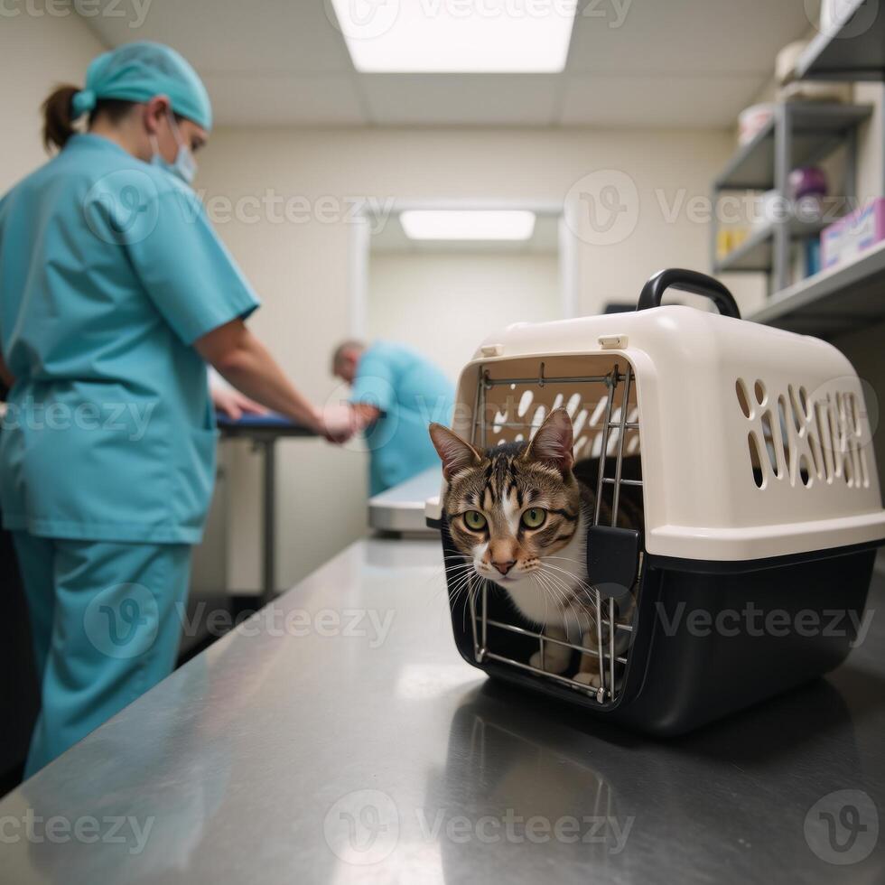 Cat undergoing examination at vet clinic pet care health checkup photo